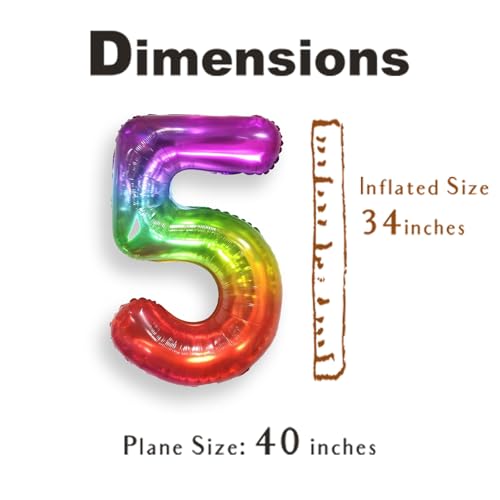 Image of SUWEN Rainbow Number 5 Balloon 40 Inch,Big Colorful Balloons 0-9 | Large Gradient Jelly 5th Helium Foil Mylar Number Multicolor Balloons for Birthday Anniversary Party Decorations