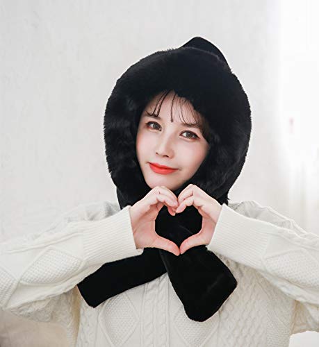 Women's Black Solid Fleece Hooded Scarf3