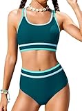 Bathing Suits for Girls Size 10-12 Teen Green Swimsuits Two Piece Color Block Trajes De Baño para Niñas Green Swim Neon Sport Bikini Sets Adjustable Double Straps Top Bottoms Padded Modest Swimwear
