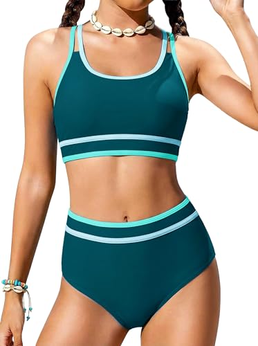 Bathing Suits for Girls Size 10-12 Teen Green Swimsuits Two Piece Color Block Trajes De Baño para Niñas Green Swim Neon Sport Bikini Sets Adjustable Double Straps Top Bottoms Padded Modest Swimwear
