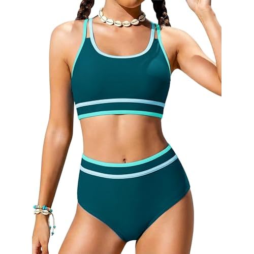 HOZIY Tween Girls Bikini Sets Sporty Color Block Two Piece Adjustable Straps Swimsuits with Chest Pad Size 10-18 Years Green 9-10 Years
