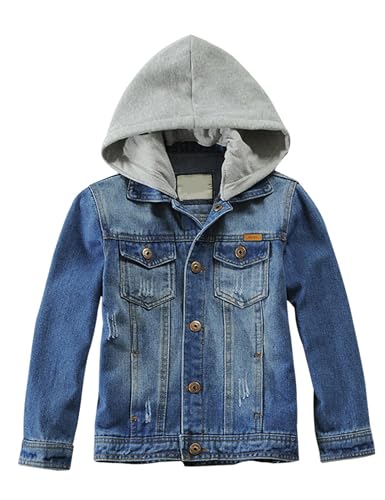 Image of Mallimoda Kids Boys Girls Hooded Denim Jacket | Jean Jacket for Boys Girls, Lightweight Coat with Hood, Zip Up Casual Outerwear, Spring Fall Fashion Clothes, Outdoor Wear