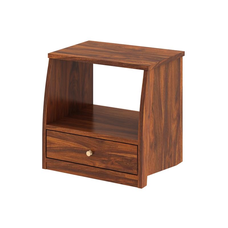 Image of Solid Sheesham Wood Bedside Table with 1 Drawer & 1 Open Shelf Storage for Bedroom, End Table, Side Table for Living Room Home (Natural Finish)