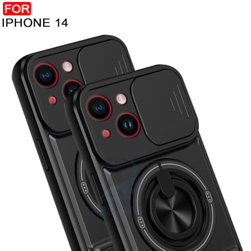 Image of AESTMO iPhone 14 Back Cover | Armor Camera Slider 360 Degree Rotating Finger Ring Holder Case with Bracket Stand Back Case Cover (Compatible with MagSafe Accessories) (Black)