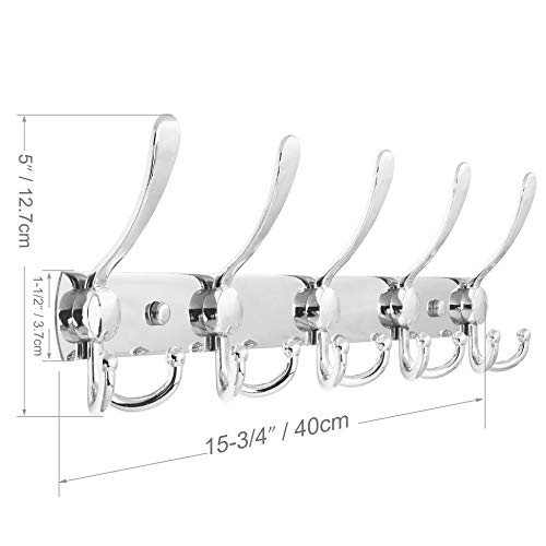 Webi 43237-2 Coat Rack Wall Mount,Coat Hooks Wall Mount,Coat Hanger Wall,Hook Rack Rail,5 Triple Hooks For Hanging Coats,Hats,Jacket,Clothes,Chrome thumb #1
