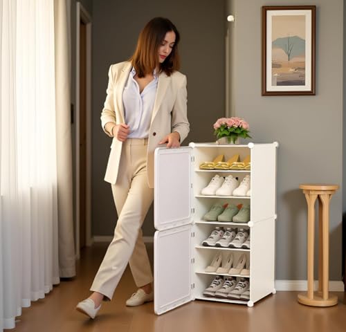 Image of Sunderlook Shoe Rack Plastic for Home- Shoe Stand, Chappal Stand, Professional Multipurpose Foldable Standing Comfort Runner Shoe Rack with Door, Slipper Stand (White, 6 Shelf 2 Door)