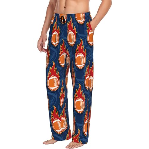 Vosery Mens Pajama Pants Bottoms With Pockets- American Football Fire Flames Soft Men Lounge Pants, Comfy Mens Pj Pants