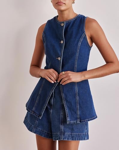 Women’s Long Denim Vest Waistcoat Vest Sleeveless Button-Up Back Slit Jean Jacket Vest Y2k Clothes4