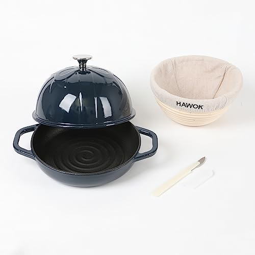 HAWOK Cast Iron Bread Cloche, Dia. 7.8inch/20cm, with Proofing Basket and Dough Scoring Knife, Sourdough Baking Pan Enameled Navy Blue
