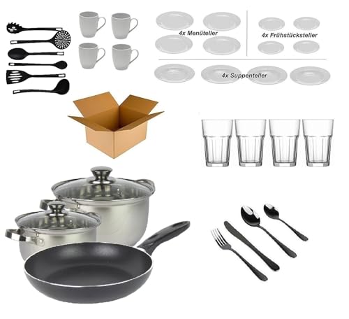 Haushalt Starterset'4 Personen' - Wohneinrichtung Starterpaket - Einrichtungspaket - (Küche, Besteck, Geschirr)
