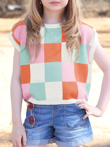 Image of Haloumoning Girls Summer Crop Tops Color Block Vest Cute Tanks Cap Sleeve Tee Loose Kids Knit Top 5-14 Years
