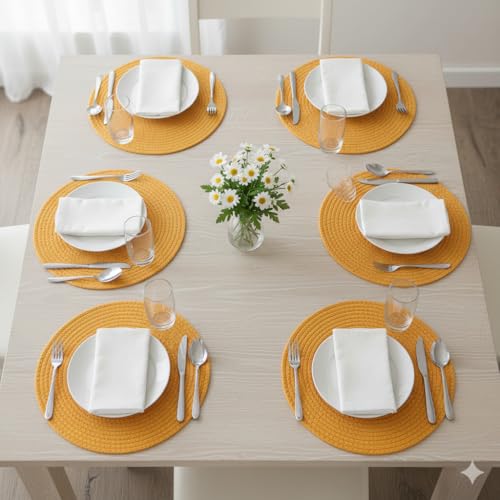Image of Cotton Rope Placemats, Round Red with White Border, Set of 4, Heat Resistant Table Mats (Yellow)