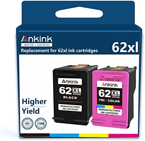 Ankink Higher Yield HP 62XL Ink Cartridge Replacement for 62 HP62XL hp62 XL Envy 5540 5640 5660 7640 7644 7645 OfficeJet 200 250 5740 5745 8040 Printer Black Color (Tricolor) Combo 2 Pack c2p07an