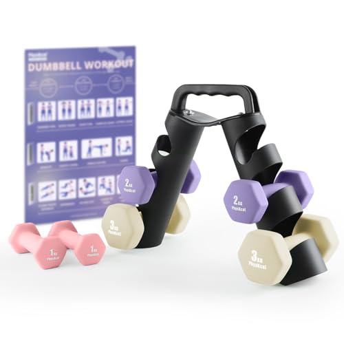 PhysKcal Juego de 6 mancuernas con soporte portátil, 2 x 1 kg, 2 x 2 kg, 2 x 3 kg, juego de pesas de mano con soporte para tonificación corporal, cardio, entrenamiento de fuerza en casa