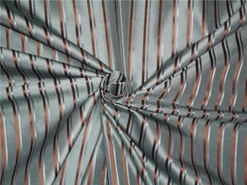 Tissu dupion de soie bleu ardoise marron à rayures de 137 cm