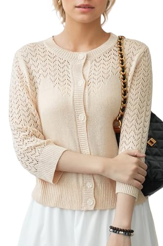Image of Women's Lightweight Crochet Cardigan Sweater Open Front Knit Lace-Up Cover Up Casual Spring Fall Chic Outerwear Tops 23 Apricot M