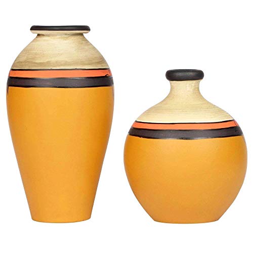 Image of Aakriti Art Creations Yellow Madhubani Terracotta Vase Set of 2 | Handmade Decorative Flower Vases with Folk Art Design | Matte Finish Table Decor for Living Room, Shelf Styling & Housewarming Gifts