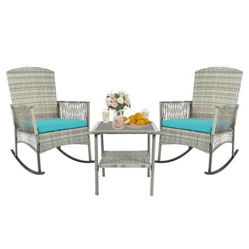 CIRMUBUY 3 Piece Patio Conversation Set, Outdoor Rocking Chairs Set of 2, Wicker Furniture Set with Glass Top Coffee Table and Cushions for Porch Garden Backyard Lawn (Grey Rattan, Blue Cushion)