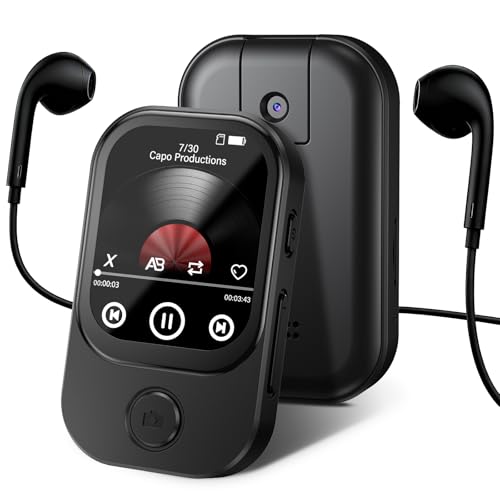 64GB MP3 Player Bluetooth 5.4 mit 180° Aufklappbar Kamera, Mini Musik Player HD Lautsprecher FM Radio Fotoalbum Ideal HiFi-Sound E-Book Reader, Sport Schrittzähler, Schwarz