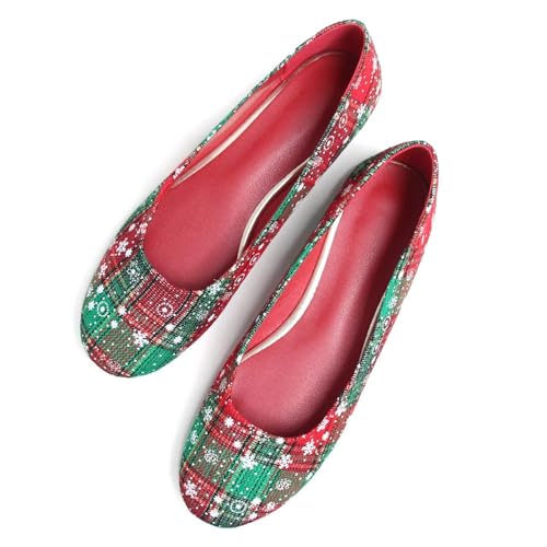 Hee grand Christmas Shoes for Women Pointed Toe Plaid Snowflake Flat Shoes Comfortable Slip on Flats Red/Green Shoes for Christmas