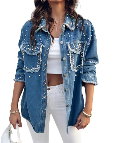 CHICME Womens Casual Denim Jacket Contrast Sequin Long