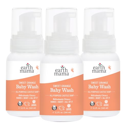 Image of Earth Mama Sweet Orange Baby Wash Liquid Foaming Hand Soap, Organic All Purpose Body Wash for Sensitive Skin, Castile Soap with Coconut Oil, Shea Butter, Calendula, & Aloe, 5.3 fl oz (3-Pack)