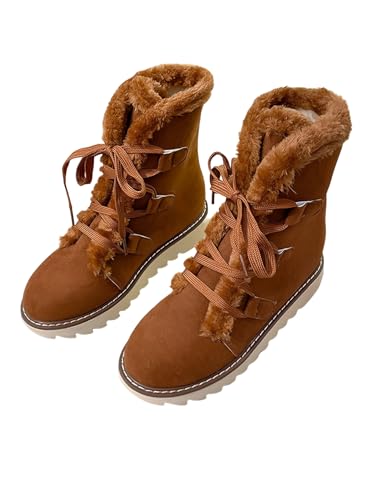 Snow Winter Boots for Women, Plush Lined Hiking Snow Winter Boots, Comfortable Hiking Booties Furry Mid Calf Warm Lightweight, Lace Up Platform Winter Boots