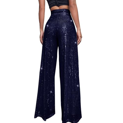 GOSEAGOTOFUN Sequin Pants Women High Waisted Slim Fit Shiny Pants Loose Fit Casual Wide Leg Trousers Fashion Party Clubwear 01-Dark Blue Small - image 3
