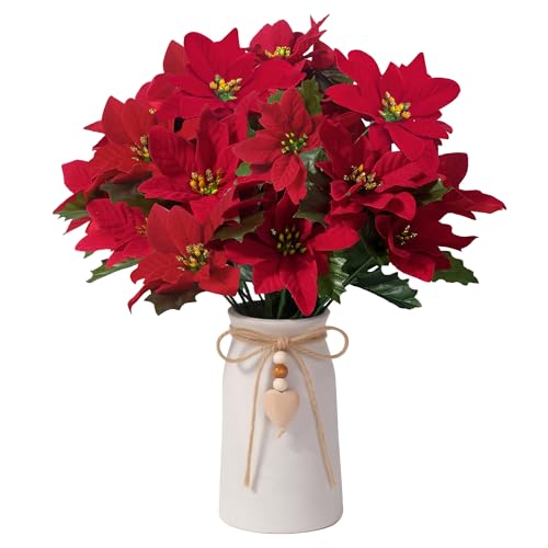 QIMOND Artificial Red Poinsettia Christmas Flower Arrangement in White Ceramic Vase, Xmas Holiday Faux Floral Centerpiece Ornaments for Home, Office, Table, Shelf, or Gift Décor