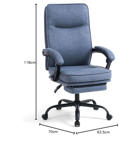 MZLEE Ergonomiczne krzesło biurowe, fotel szefa, krzesło komputerowe, ergonomiczne, z podnóżkiem i regulowanym oparciem, 90-135°, do domowego biura, granatowy, materiał, 150 kg