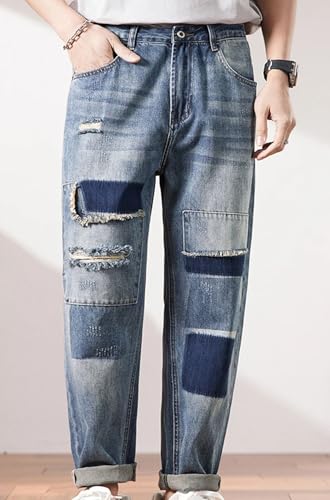 Men’S Urban Loose Fit Patchwork Tear Denim Cargo Pants Button Fly Distressed Wear Resistant Full Length Jeans2