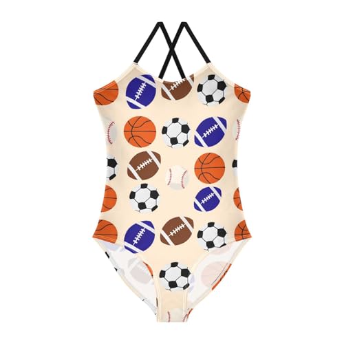 Blue Rugby Football Basketball Girls Swimsuits Quick Dry Crossback One Piece Beach Swimwear Bathing Suit, 9-10T