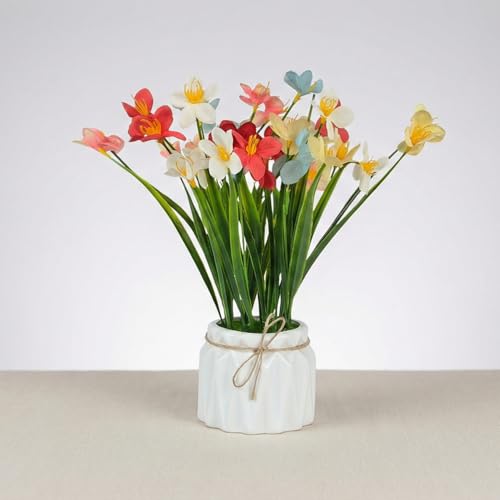 Image of Dekorly Artificial Lavender Plant in White Pot, 18cm - Realistic Faux Flower Arrangement for Home & Office Decor (Set of 1) (1, Grass Lily)