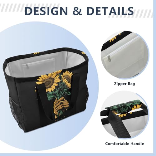 Large Waterproof Travel Tote Bag for Women Men, Hand Flower Sunflowers Canvas Beach Bag with Lining & Pockets - Reusable Grocery/Laundry/Kitchen/Pool/Picnic Tote (15.4x9.8x12.8in)4