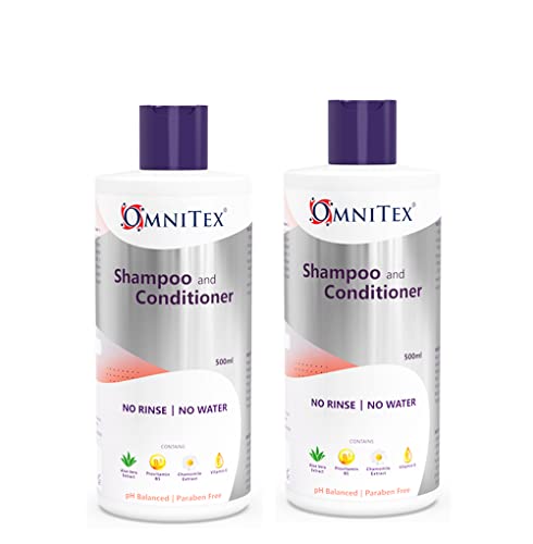 2pk - Omnitex Rinse Free Shampoo & Conditioner 500ml | With Herbal Extracts & Vitamins | No Water - No Rinse | Clean, Nourish, Protect | No Parabens, Latex Free, Alcohol Free | Dermatologically Tested