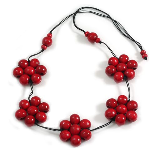Collier en bois fleur rouge cerise Avalaya sautoir bohème en coton