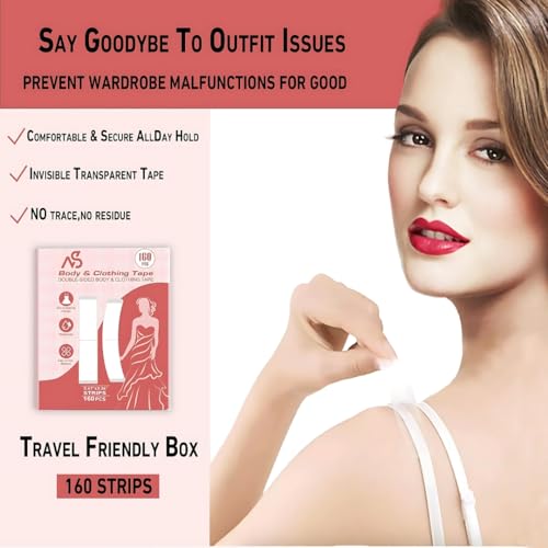 160 Strips Body and Clothing Tape Clear Double-Sided Tape for Clothes,Double Sided fabric Tape,Dress Tape-Strong Hold, Skin-Safe4
