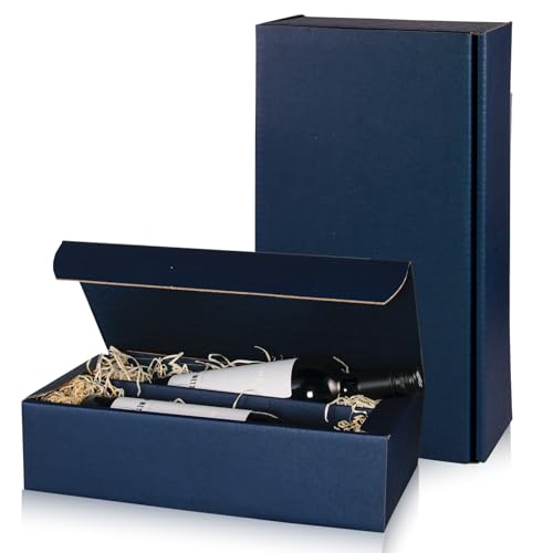 Flaschen Geschenkkarton Wein - Dunkelblau - 3 Größen - Verpackung in hochwertiger Leinenoptik (Blau 2er)