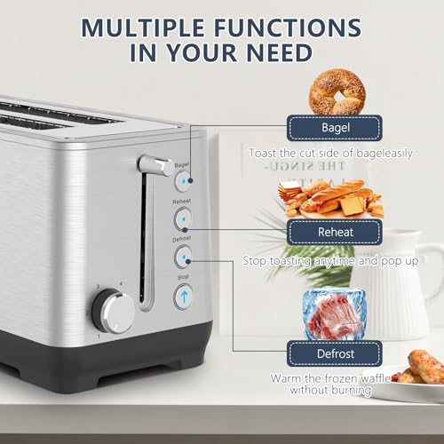 Image of Plum chef 4-Slice Toaster, Extra Wide Long Slot Toaster, 6 Browning Settings, Bagel /Defrost /Reheat Functions, Removable Crumb Tray, Stainless Steel Housing 1350W (Stainless Steel)