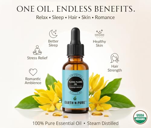 Image of Earth N Pure Ylang Ylang Essential Oil | 100% Pure & Natural | Steam Distilled & Undiluted | For Relaxation, Skin & Hair Care | 30ml