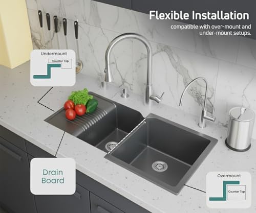 Image of ARQUIN Double Bowl Quartz with Drainboard Kitchen Sink 45x20x9 Inch Grey | Undermount,Topmount | Including Coupling,Sink Connector,Waste Pipe & Fruit Washing Basket