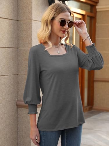 PGANDS Women's 3/4 Sleeve Tops Square Neck Spring Summer Casual Smocked Cuffs Shirts3
