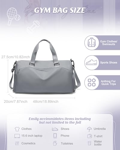 Image of Gym Bag for Women with Shoe Compartment Lightweight Travel Duffle Bags Carry on Bag Overnight Weekender Duffel Bag with Wet Pocket Personal Item Travel Bag Tote Bag Workout Dance Bag Grey