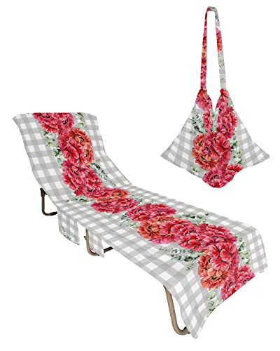 Red Floral Beach Pool Patio Lounge Chaise Chair Cover Towel with Pockets,Absorbent & Quick Dry Microfiber Towel Cover Bag Summer Travel Accessories for Sunbathing
