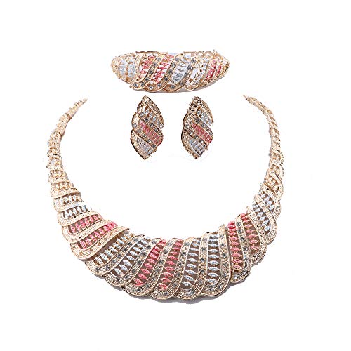 OUHE Women's Vintage Africa Dubai Wedding Party Prom Crystal Chunky Jewelry Set,Statement Necklace Earrings Bracelet Ring Jewelry Set Costume fashion Dress Accessories (Gold chunky)