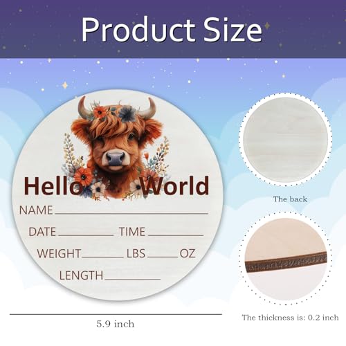 Image of Highland Cow Baby Announcement Sign, Wooden Nursery Name Plaque 6in | Highland Cow Themed Wooden Name Sign for Newborn Announcement, Nursery Decor, Baby Shower Gifts, Records Name, Date & Weight