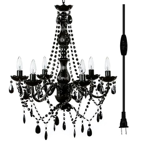 Brink House Outdoor 6 Light Plug-in Black Chandelier H26”xW22”, Black