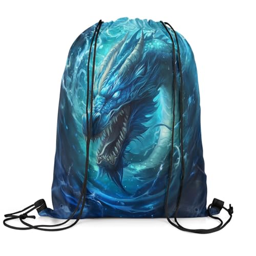 Sacca Sportiva 3D Dragon Chinese Loong Fierce Animal Blue Ocean Sea Wave, Fashion Borsa Zainetto Poliestere Coulisse Tasche per Piscina Viaggi Palestra 36X42Cm