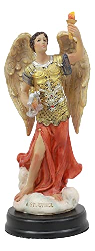 Estatua Arcángel Uriel con Antorcha en Base de Madera 5.75 in
