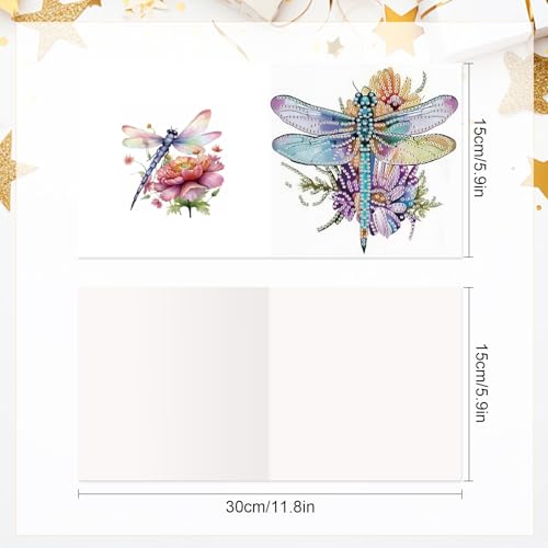 Image of AiYuanzsh 6 Pack Diamond Art Greeting Card Kits with Envelope - Dragonfly Design Floral Crystal Rhinestone Birthday & Holiday Cards, DIY Postcards for Christmas, Thanksgiving, and Gifts